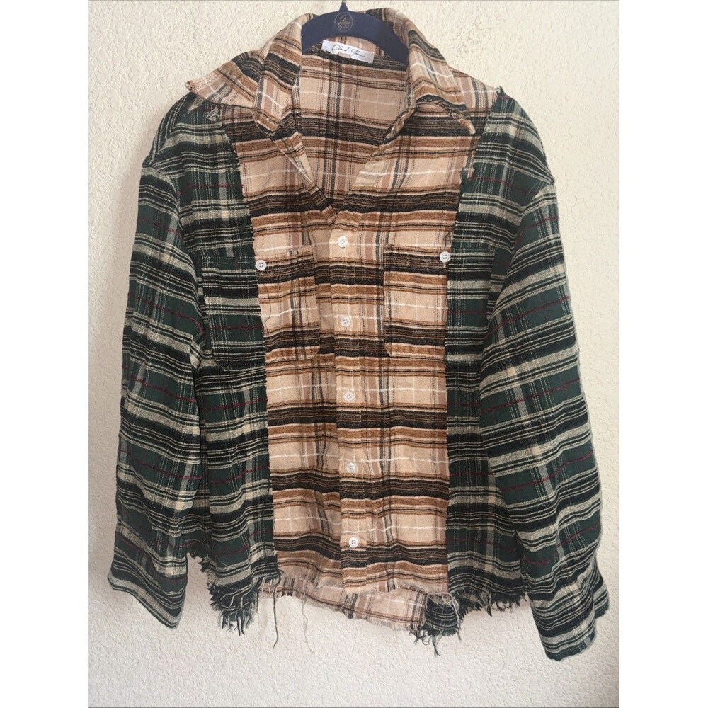 Patchwork Plaid Flannel Shirt Distressed S Raw Hem Chore Rustic Velvet Grunge